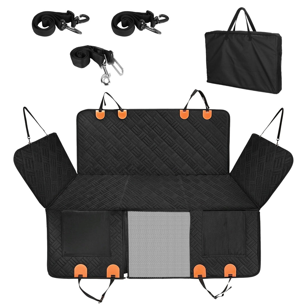 Dog Car Seat Cover For Back Seat Waterproof Oxford Cloth Seat Cover Hammock Non-Slip Scratchproof Back Seat Extender with Side Flap Mesh Window Storag
