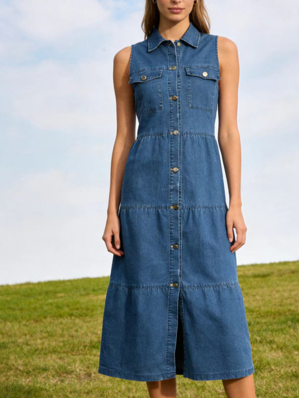 Women's High-Waist Denim Maxi Dress