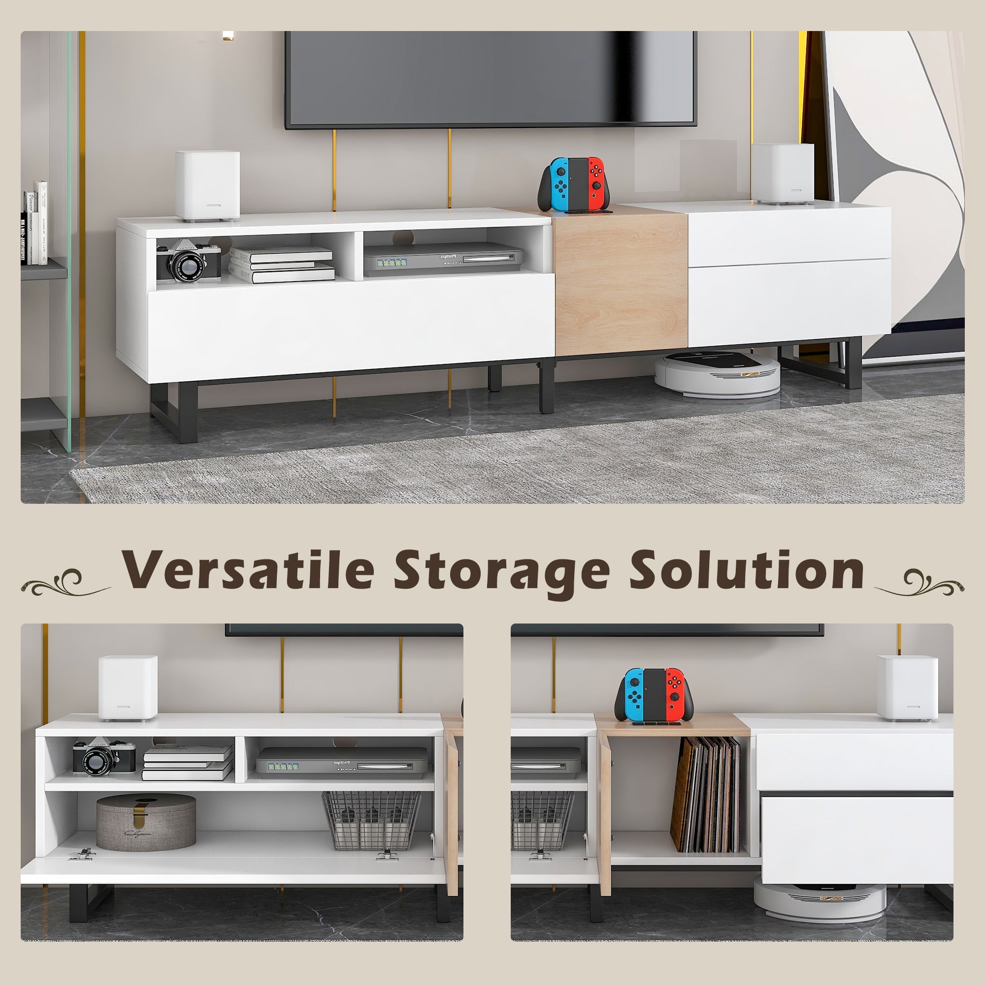 Modern TV Stand for 80'' TV with Double Storage Space Media Console Table Entertainment Center with Drop Down Door