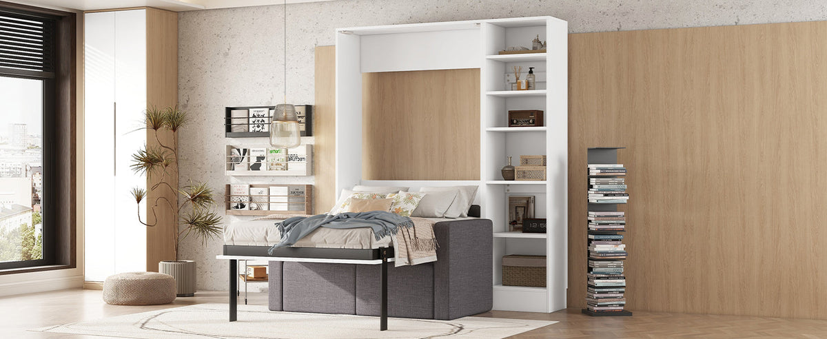 Twin Size Murphy Bed Wall Bed with Sofa,with Shelves,White