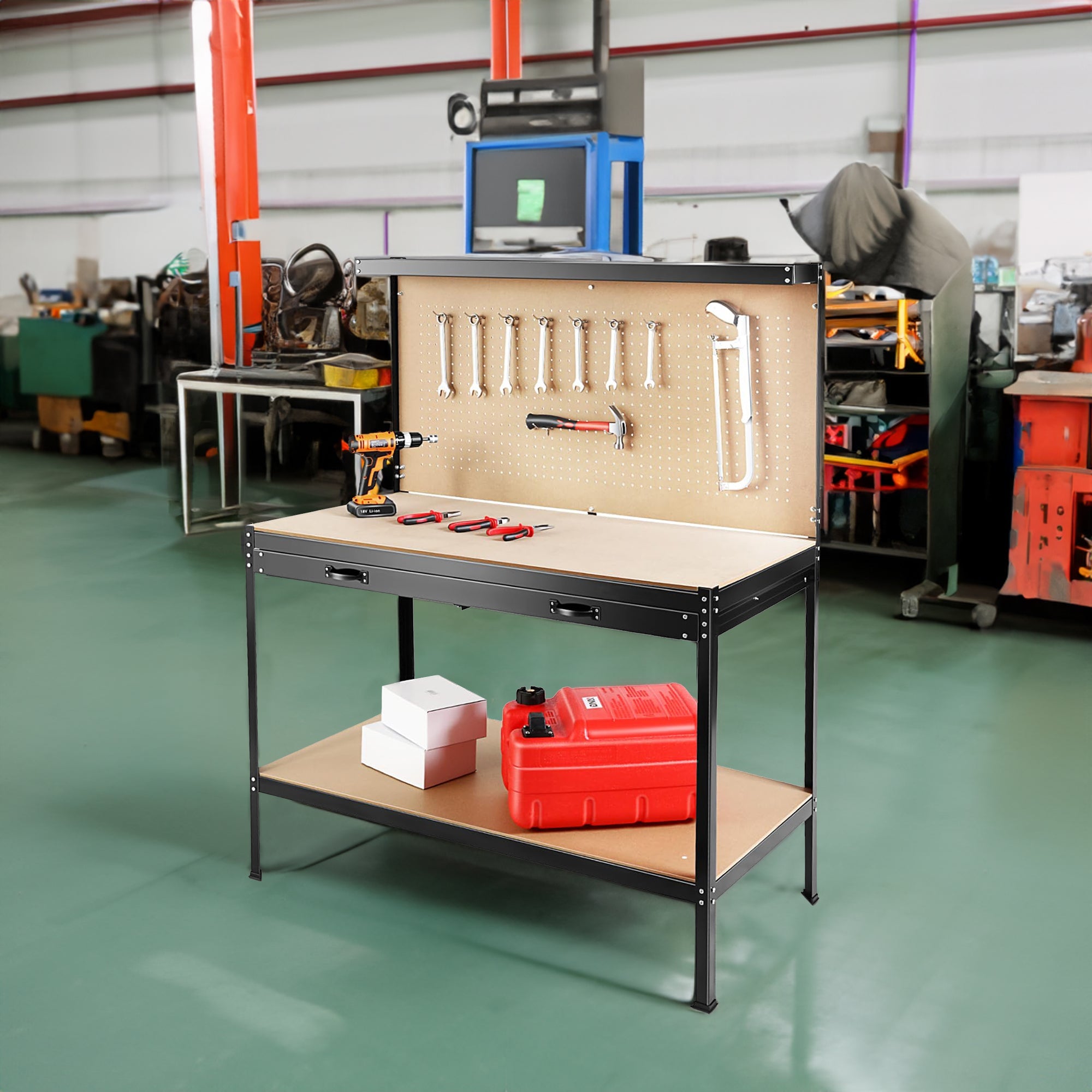 63" Tools Cabinet Working Tables Workbench Tool Storage Workshop Table with Drawers and Pegboard