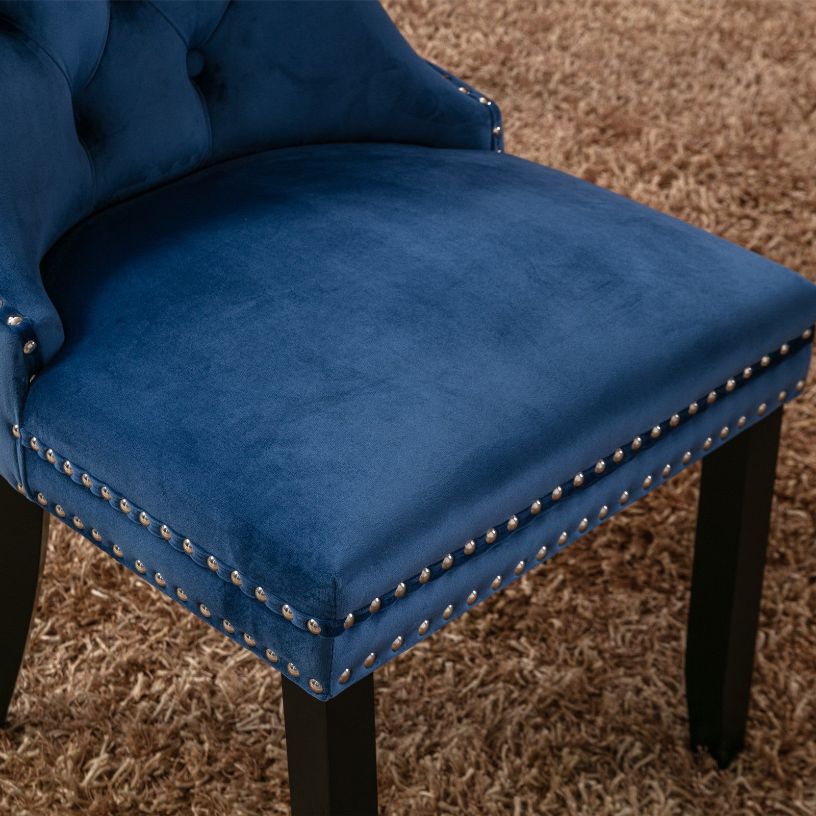 High-end Tufted Solid Wood Contemporary Velvet Upholstered Dining Chair with Wood Legs Nailhead Trim 2-Pcs Set Blue