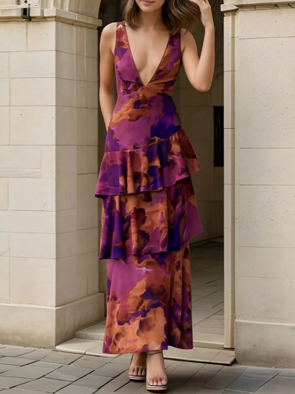 Floral V-Neck Ruffle Layered Maxi Dress