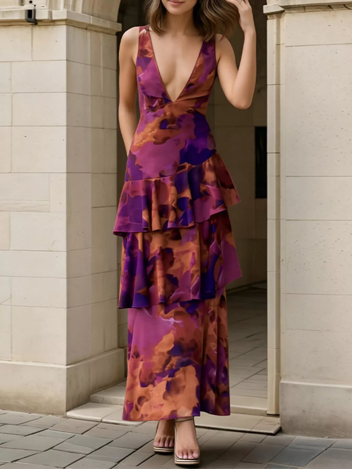 Floral V-Neck Ruffle Layered Maxi Dress