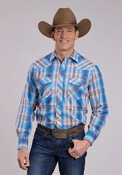 Roper 2898 Woven Plaid (Blue) - Men's Western Shirt