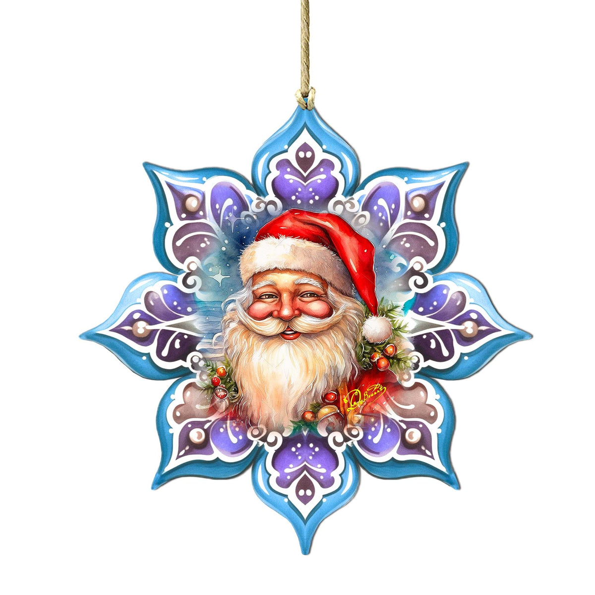 Smiling Santa Snowflake Large Wooden Ornament by G. Debrekht - Christmas Santa Snowman Decor - 8688423M