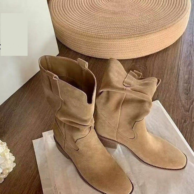Autumn Western Pleated Short Single Women's Pile Style Boots