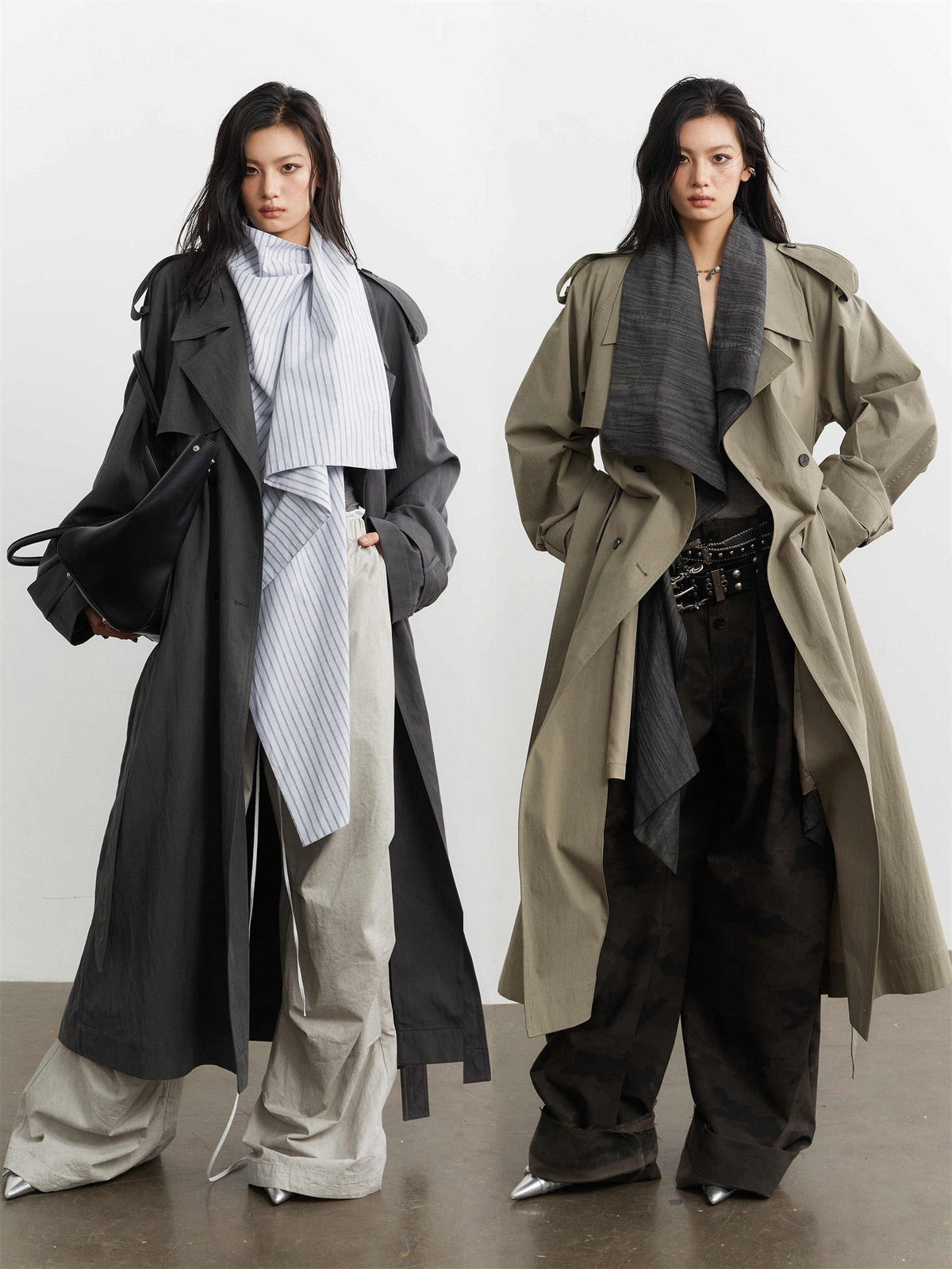 Long Trench Coat With Detachable Collar And Contrasting Color