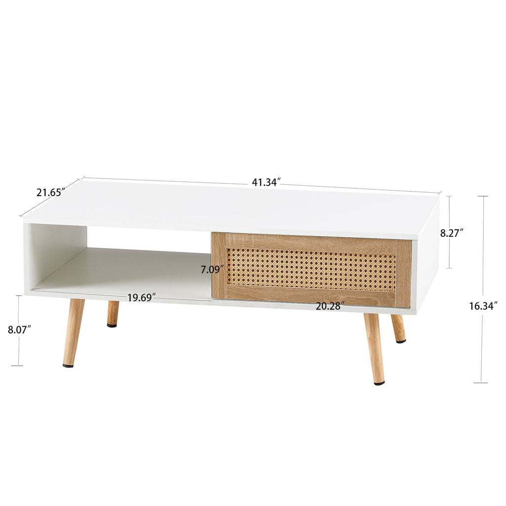 41.34" Rattan Coffee table sliding door for storage solid wood legs White