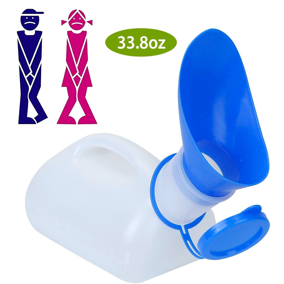 Unisex Potty UrinalÊBottle 1000ML/33.8OZ Adult EmergencyÊUrinal Device Portable Male Female Toilet w/ Lid Funnel For Car Camping Travel Hospital Outdo