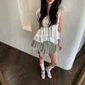 Pleated Floral-print Ruffled Blouse Vest With Ribbons
