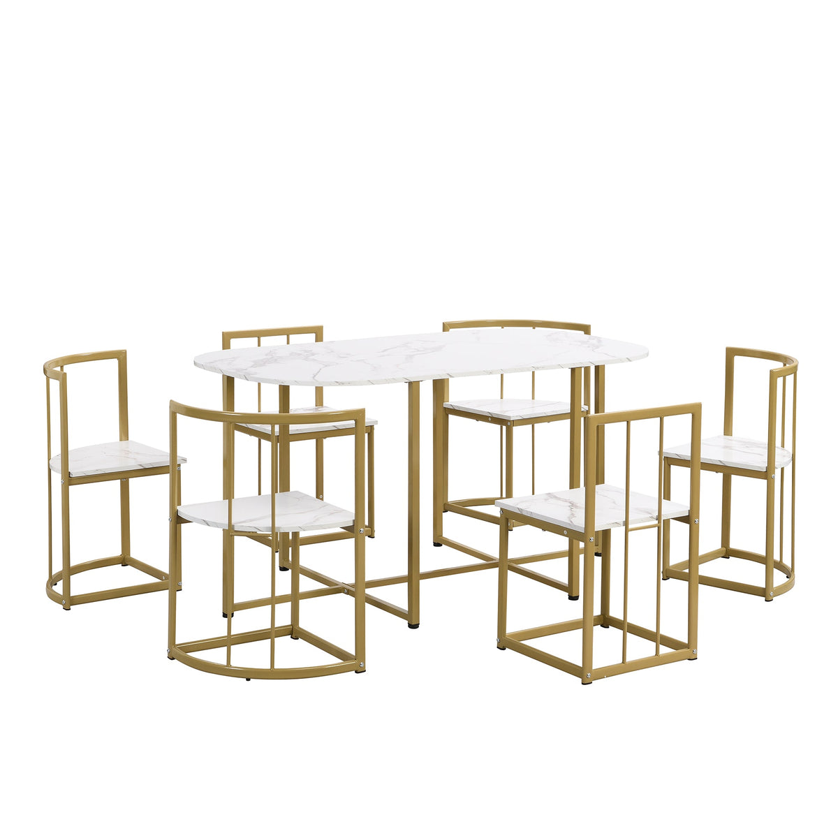 TOPMAX Modern 7-Piece Dining Table Set with Faux Marble Compact 55Inch Kitchen Table Set for 6  Golden+White