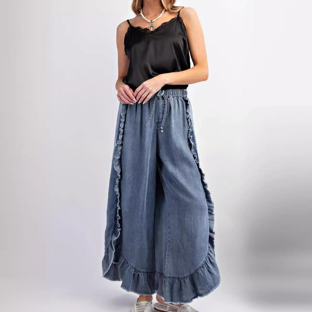 Womens Washed Cotton Denim Flared Pants With Ruffled Hem