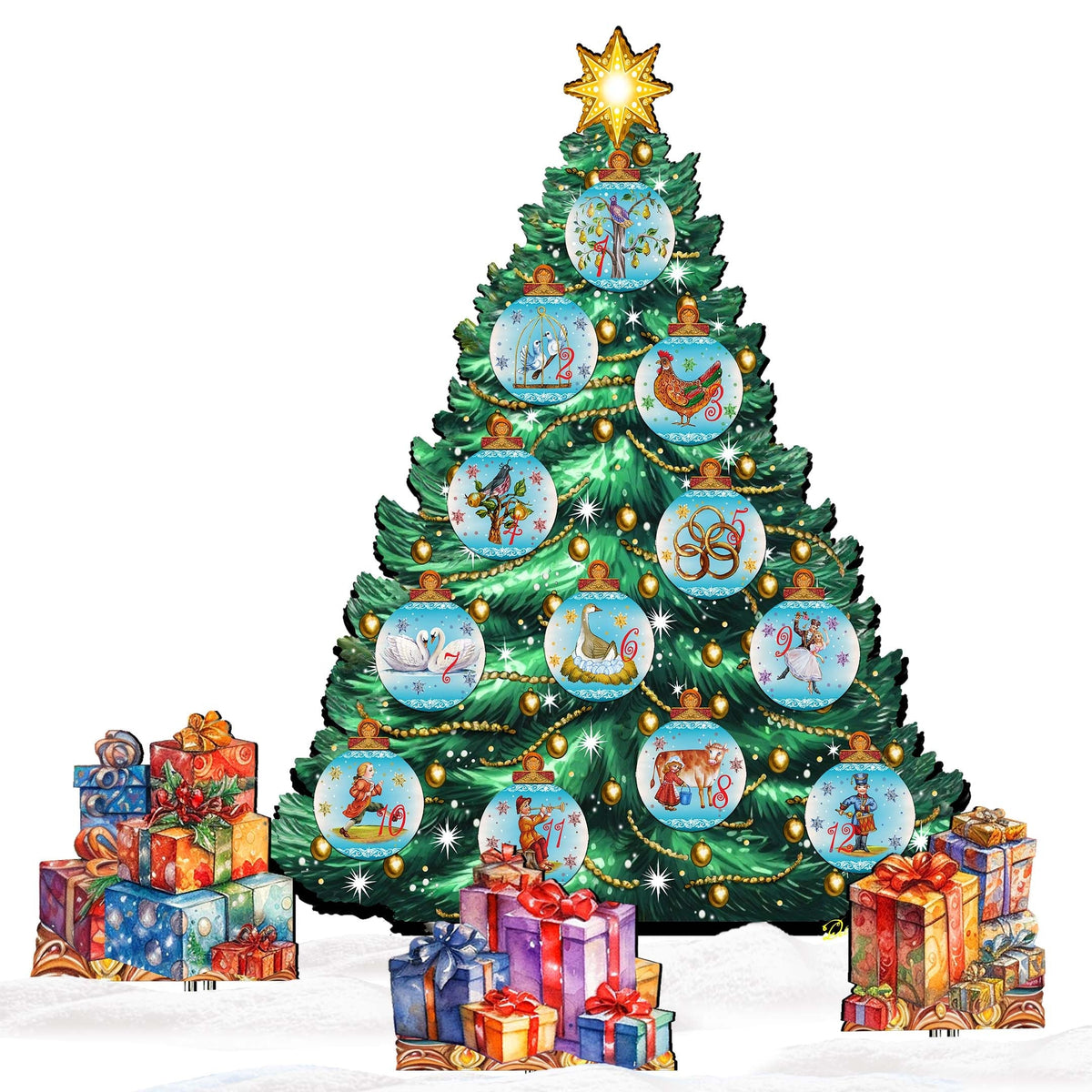 Twelve Days-Themed Christmas Tree Outdoor Indoor Decor Wooden Christmas Decoration by G. Debrekht Christmas Decor - 8191502F-G-S12