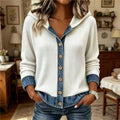 Womens Autumn Printed Denim-Style Patchwork Hooded Long-Sleeve Shirt