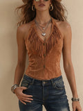 Fringe Trim Halter V Neck Button Front Crop Vest