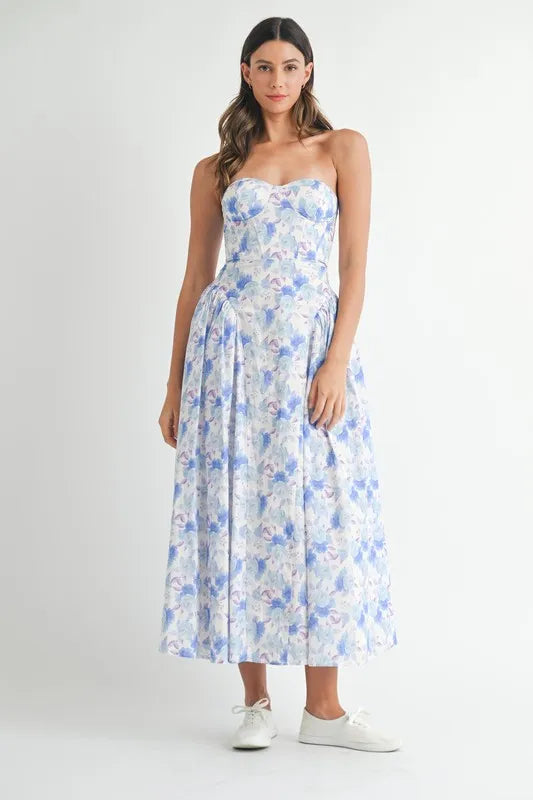 Sweetheart Neckline Floral Printed Midi Dress