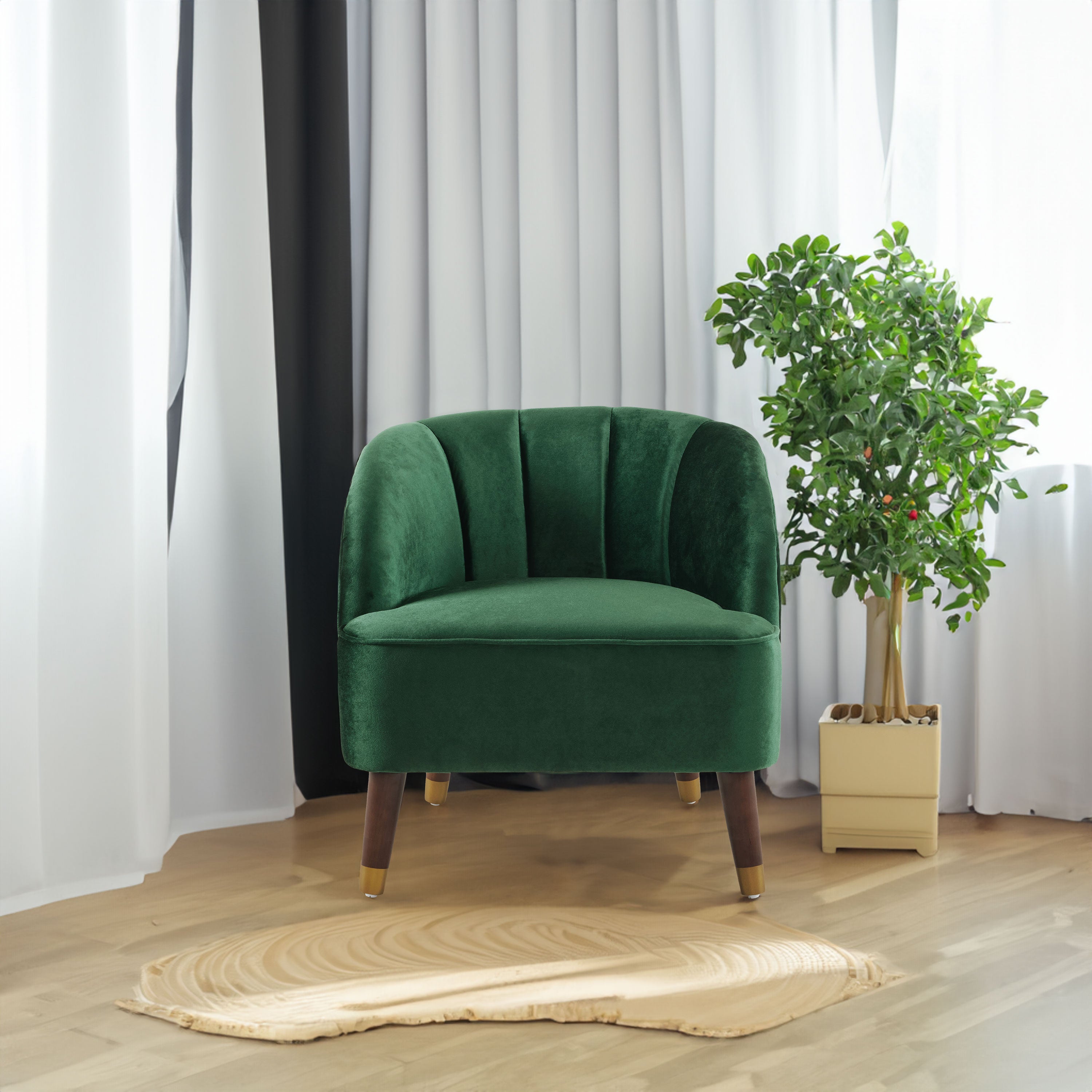 Upholstered Barrel Accent Chair With Wooden Legs