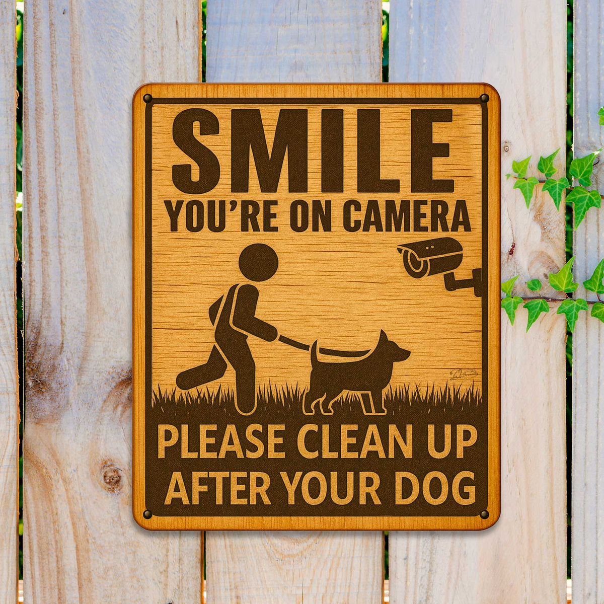 Smile You’re on Camera Wooden Sign – Clean Up After Your Dog – Handcrafted Outdoor Yard Sign by Designocracy – Rustic Pet Warning Sign - 961066