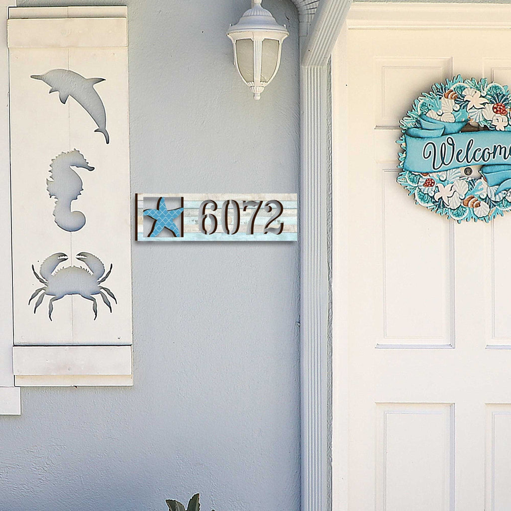 Coastal Door Numbers Sign - Starfish Wooden House Number Plaque - Custom Home Handcrafted Wooden Address Sign MA989806