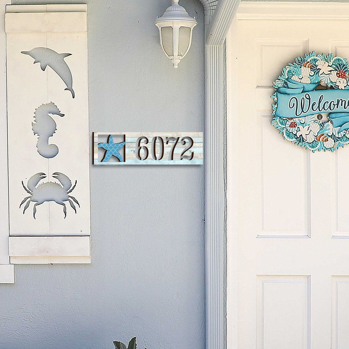 Coastal Door Numbers Sign - Starfish Wooden House Number Plaque - Custom Home Handcrafted Wooden Address Sign MA989806