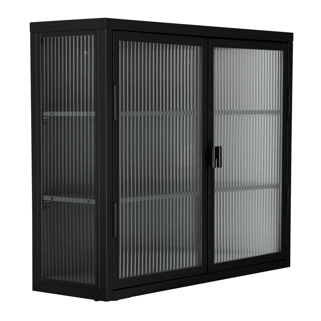 Retro Style Haze Double Glass Door Wall Cabinet With Detachable Shelves for Office Dining Room Living Room