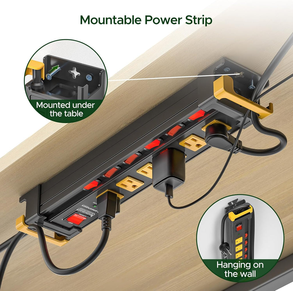 Mountable Metal Power Strip with Individual Switches | 6–12 Outlets Dual-Pole Master Switch, 3300J Surge Protector ETL Listed