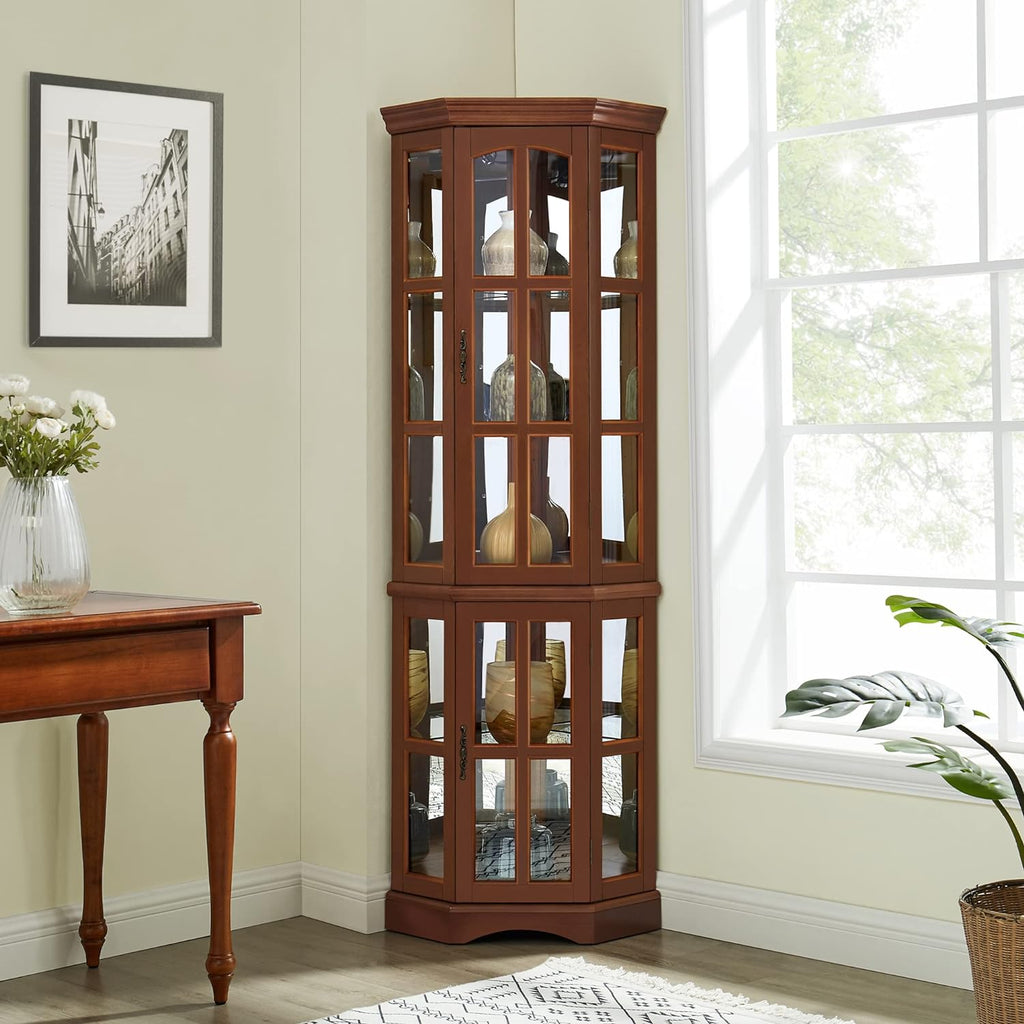 Corner Curio Cabinet with 5 Shelves and Lighting System, Walnut(E26 light bulb not included)