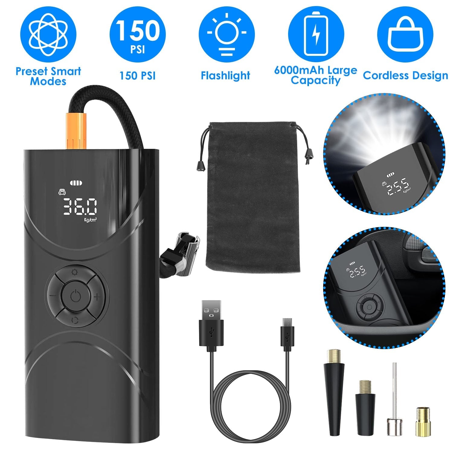 Car Tire Inflator Pump Portable Car Air Compressor 6000mAh Wireless Electric Air Pump 150 PSI with LED Light