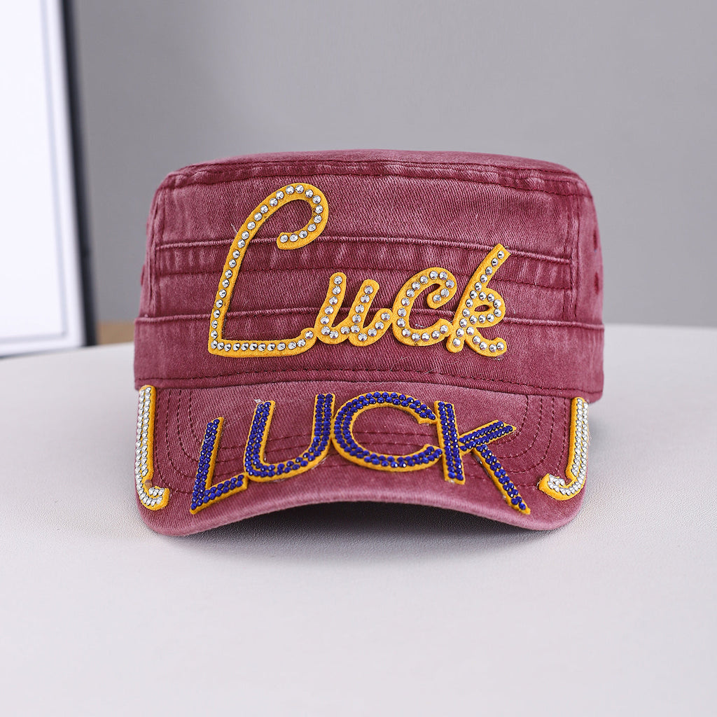 Summer Men's Solid-color Rhinestone-embroidered Letter  LUCK Water-washed Retro Sun-protective Street Fashion Hat For Gatherings, Street Dance, Casual Sports