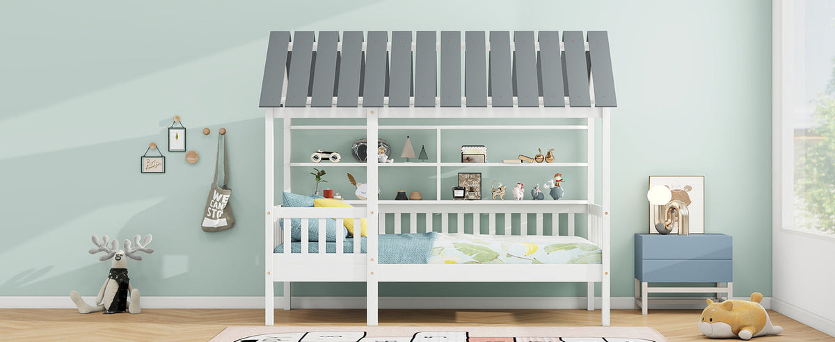 Wood Twin Size House Bed with Roof, Guardrail and Shelves, White