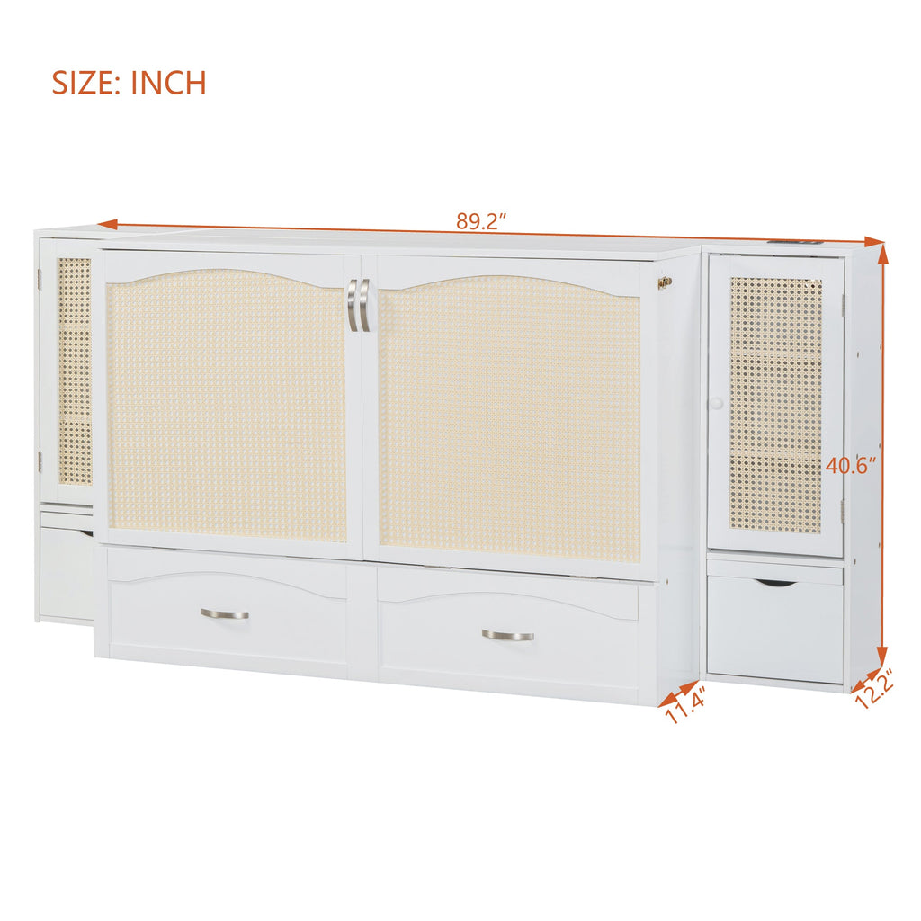 Large Murphy bed wall mounted bed with drawers, 2 storage cabinets, 1 set of sockets and USB ports, white