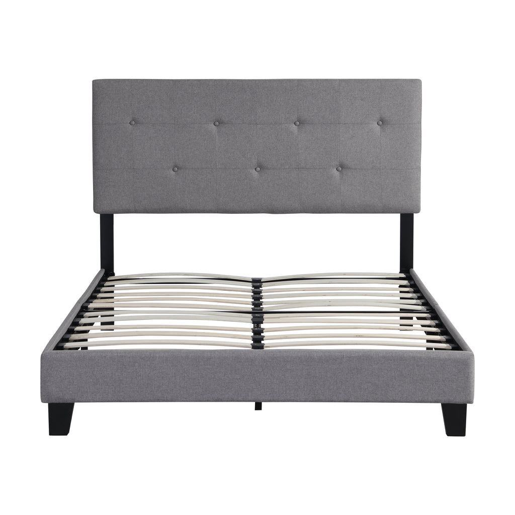 Full Size Upholstered Platform Bed Frame with Modern Button Tufted Linen Fabric Headboard Grey