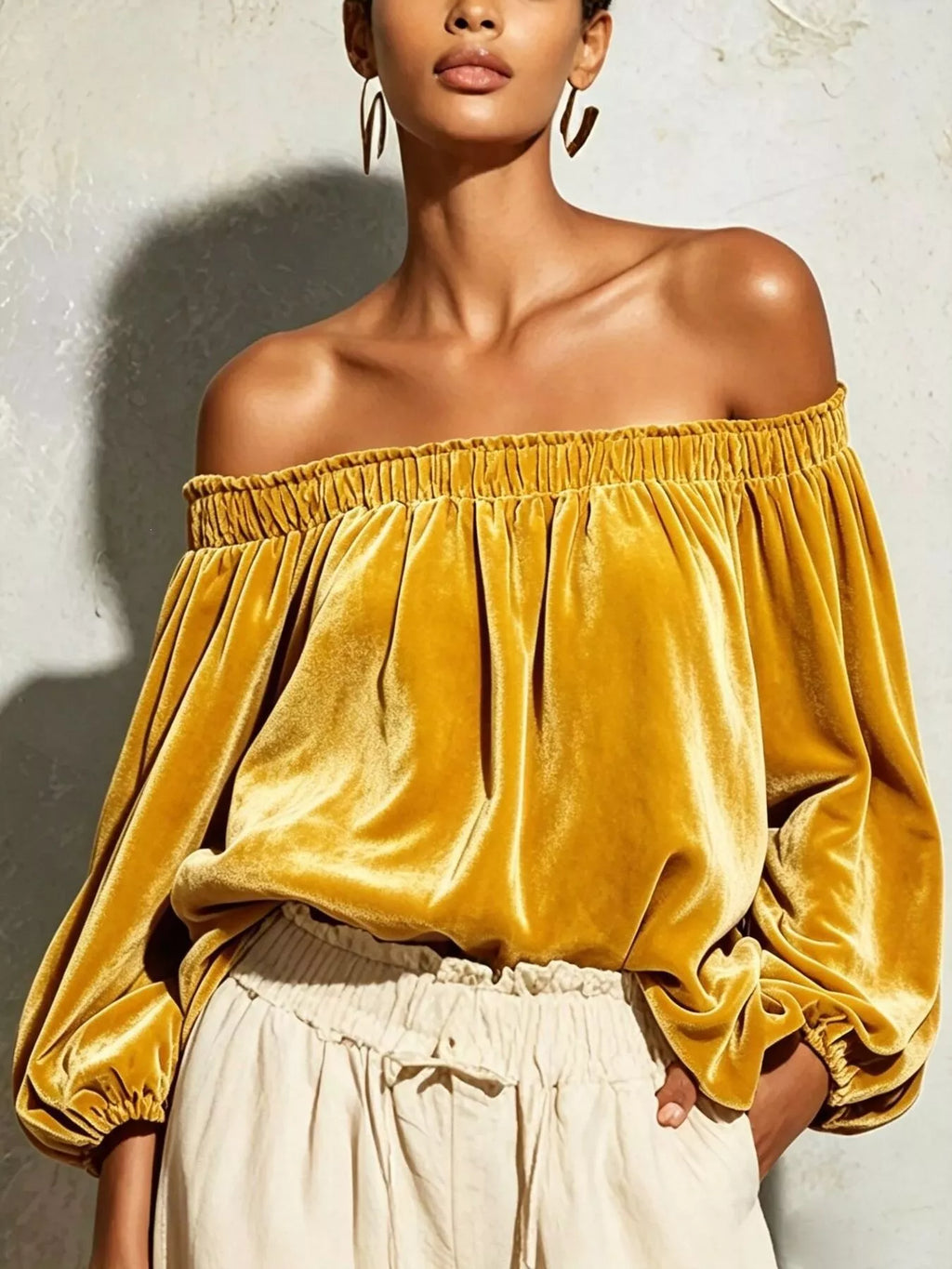Off-Shoulder Velvet Long Sleeve T-Shirt