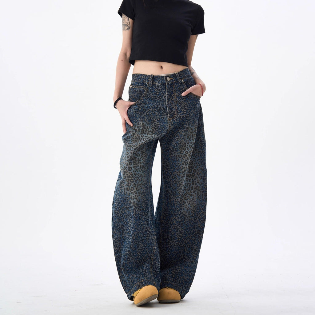 Retro Leopard-Print Bootcut Jeans For Women