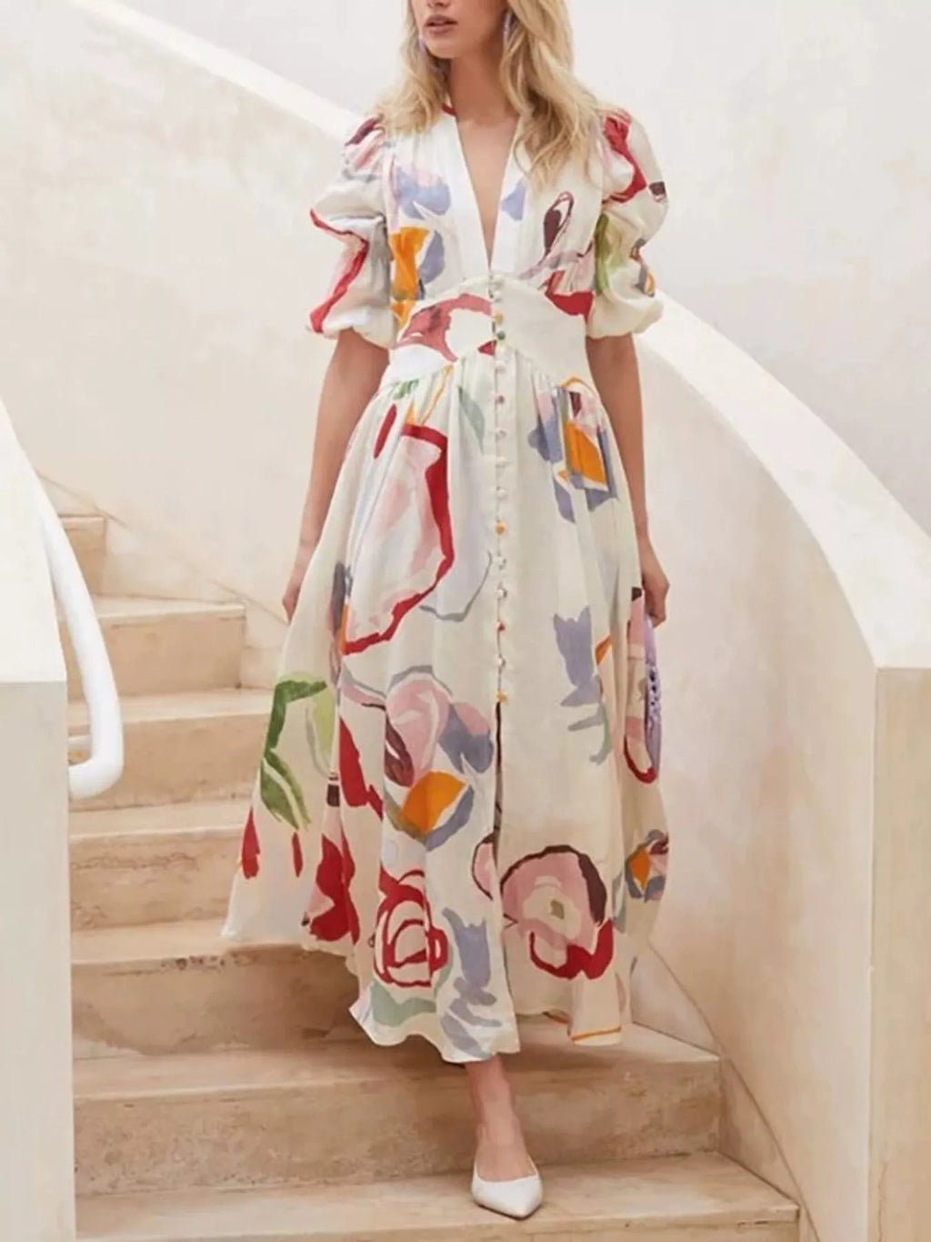 Abstract Print Puff Sleeve Midi Dress