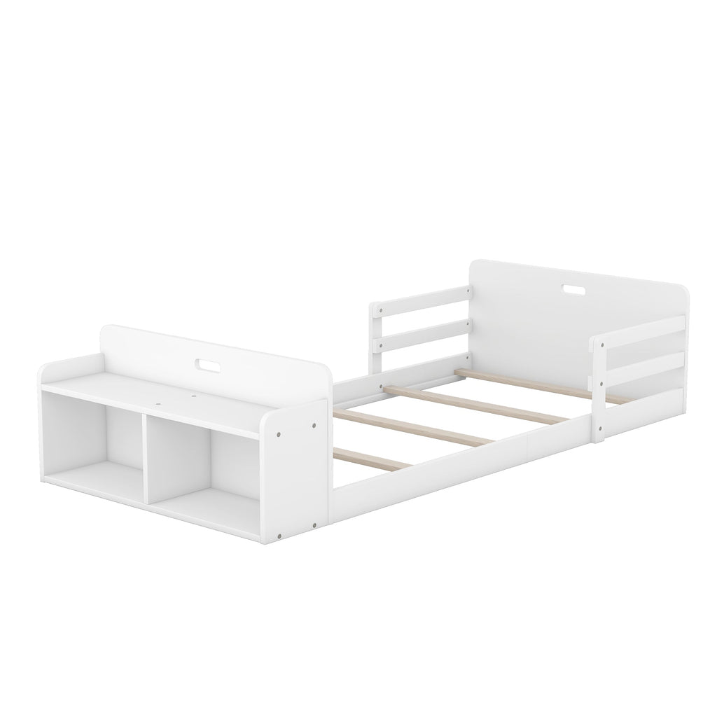 Twin Size Floor Bed with Storage Footboard and Guardrail, White