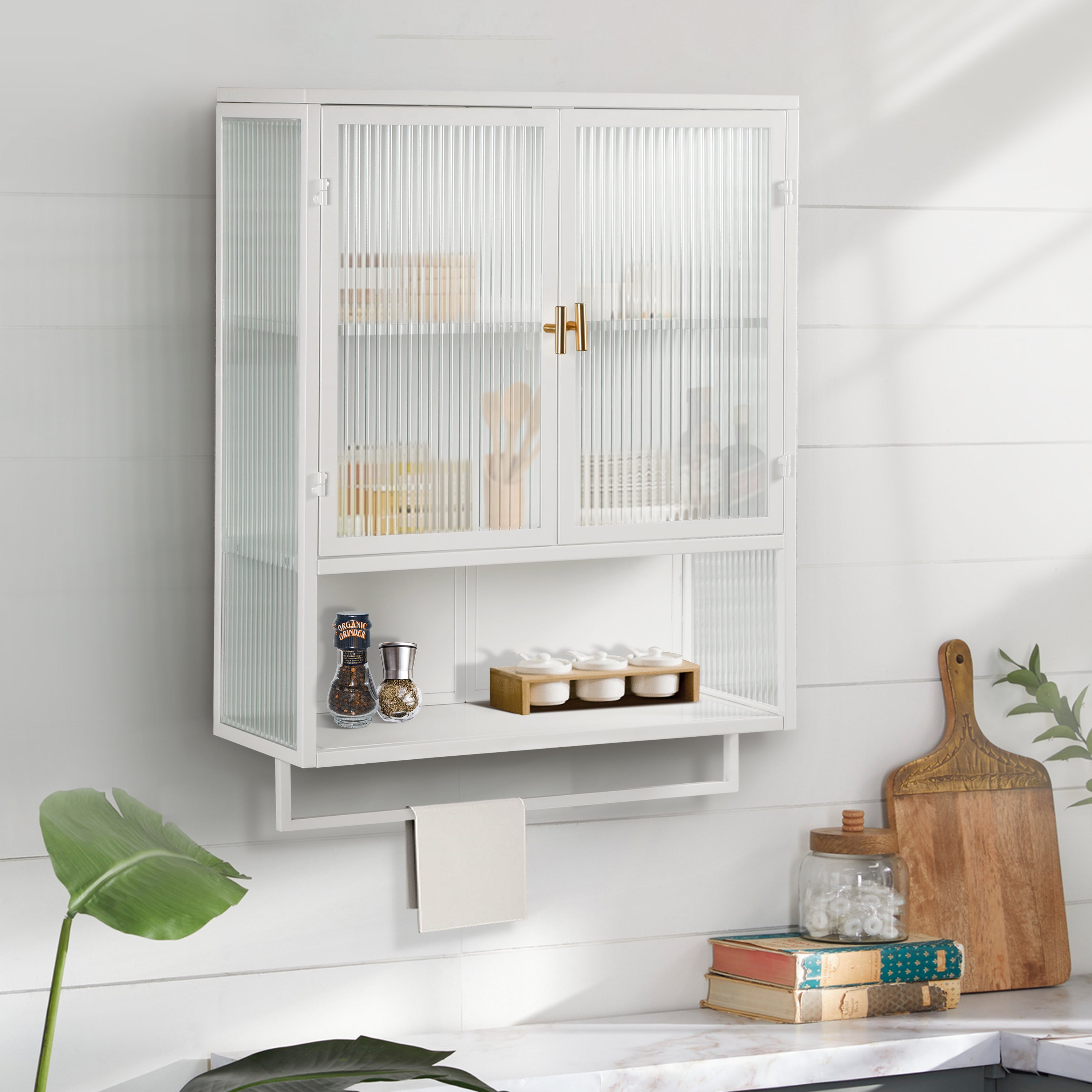 23.62"Glass Doors Modern Two-door Wall Cabinet with Featuring Two-tier Enclosed Storage an Open Shelf and Towel Rack
