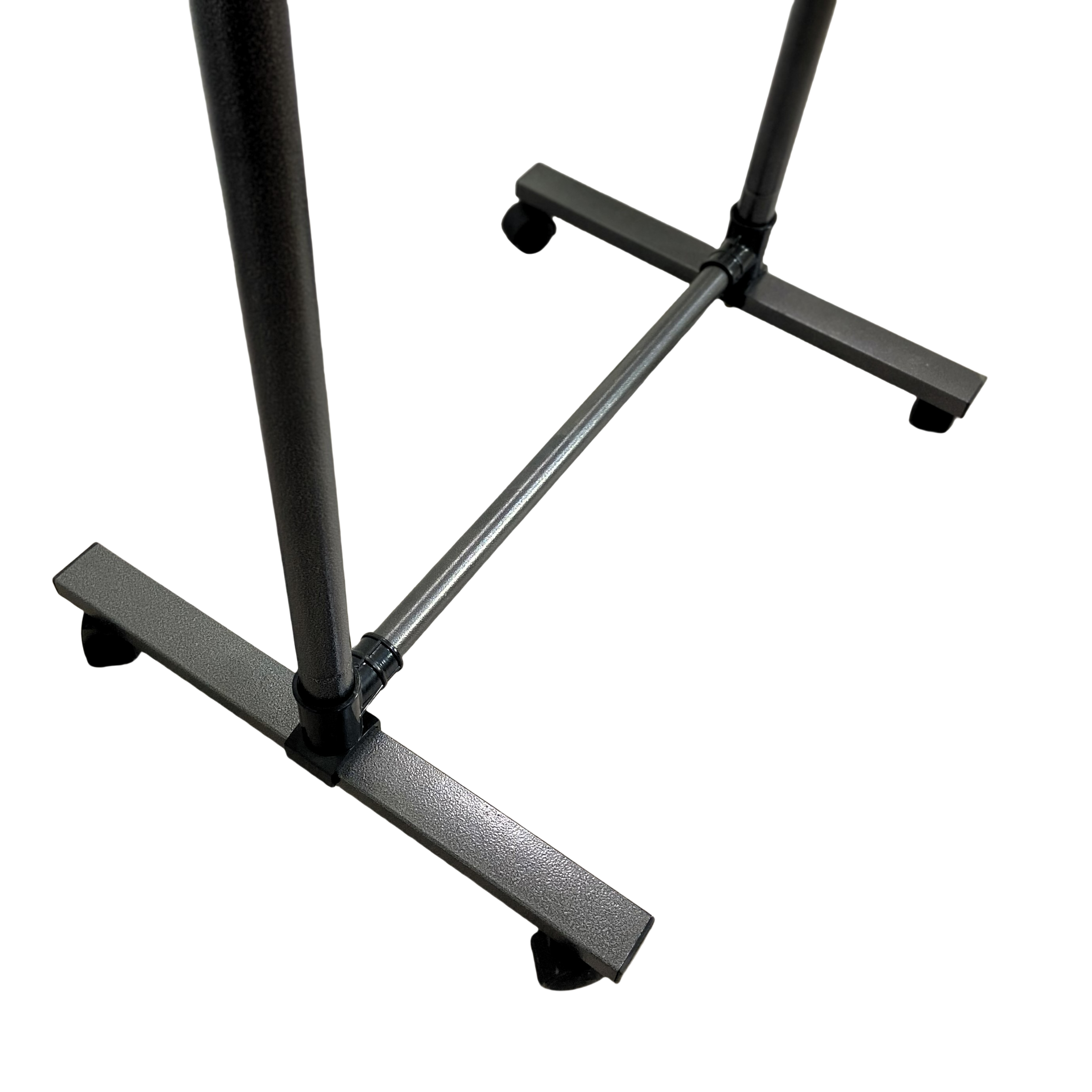 Short clothes hanger with chassis and wheels, heavy-duty rolling clothes hanger, black