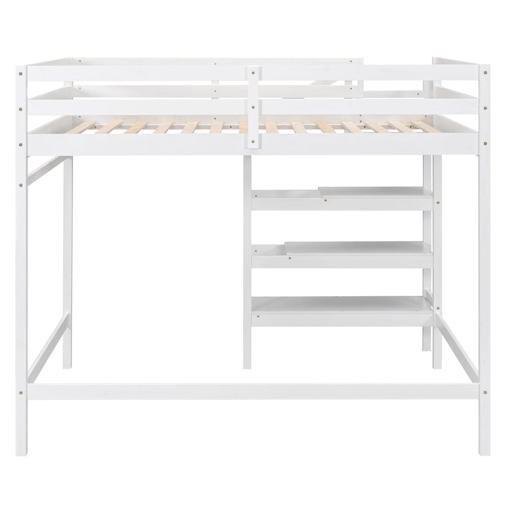 Full Size Loft Bed with Built-in Storage Staircase and Hanger for Clothes  White