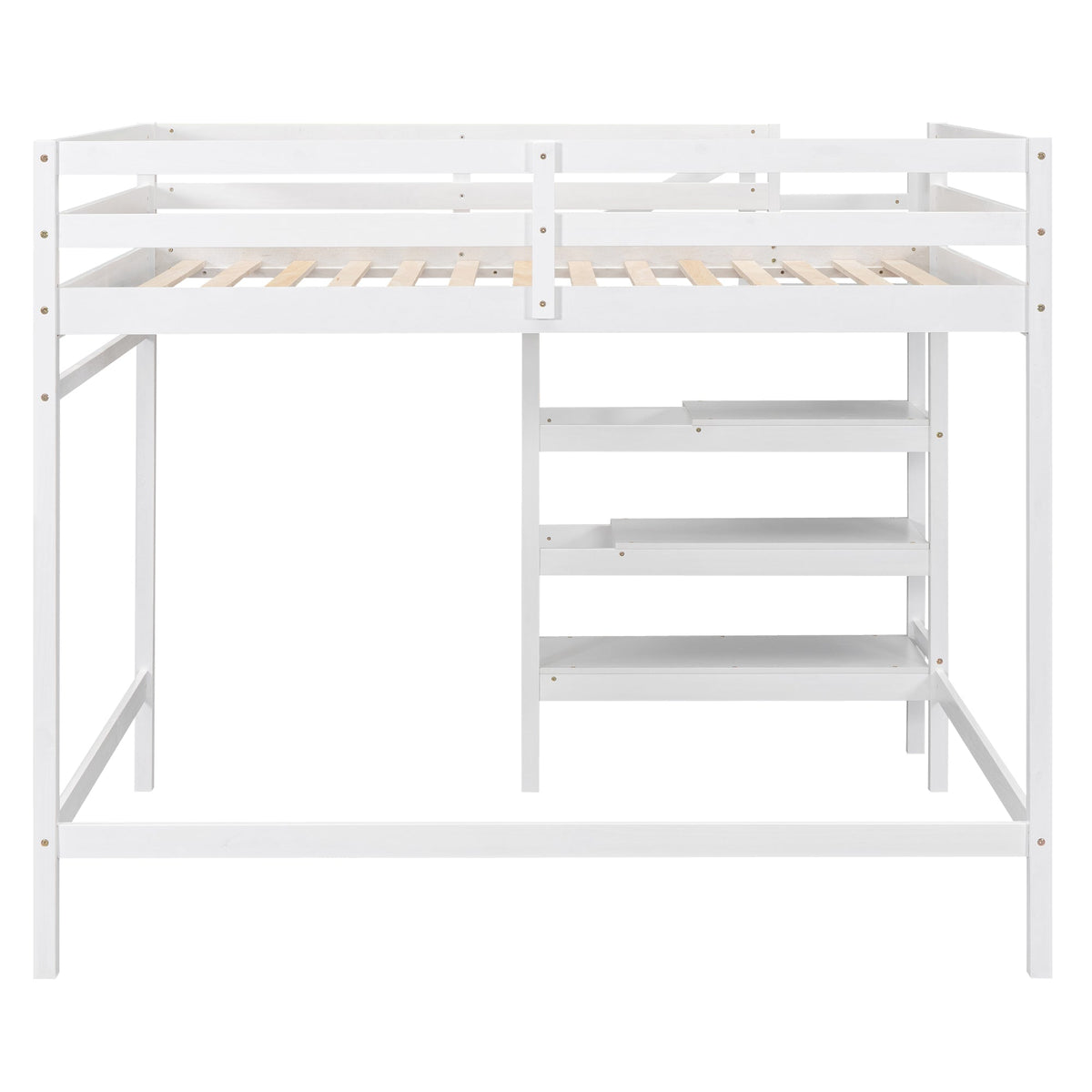Full Size Loft Bed with Built-in Storage Staircase and Hanger for Clothes  White