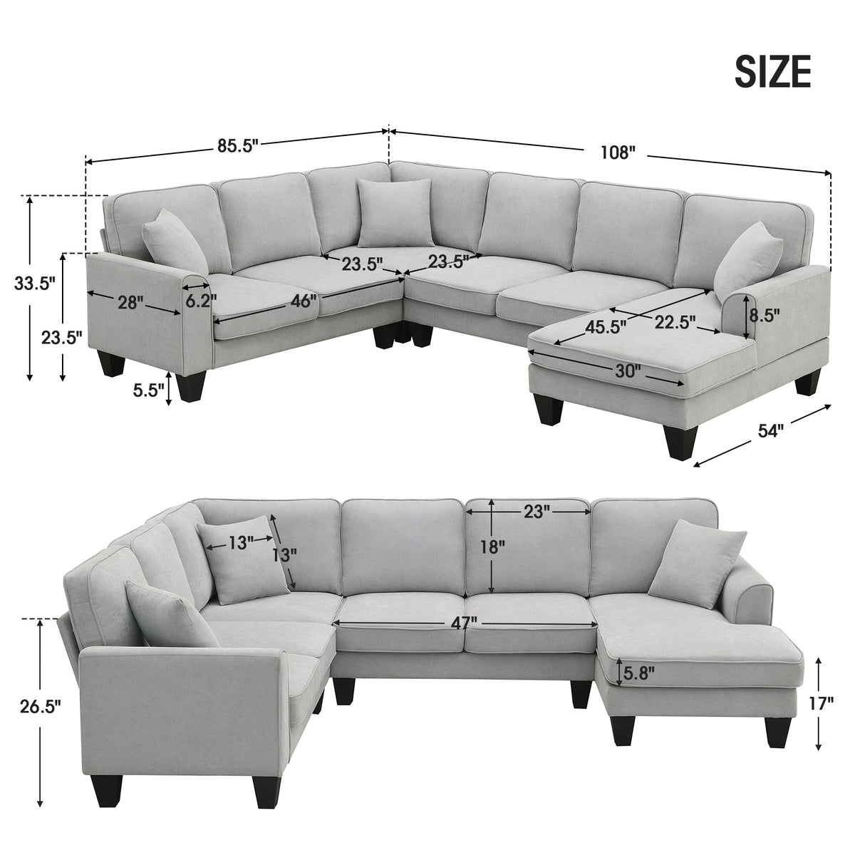 [VIDEO provided] [New] 108*85.5" Modern U Shape Sectional Sofa 7 Seat Fabric Sectional Sofa Set