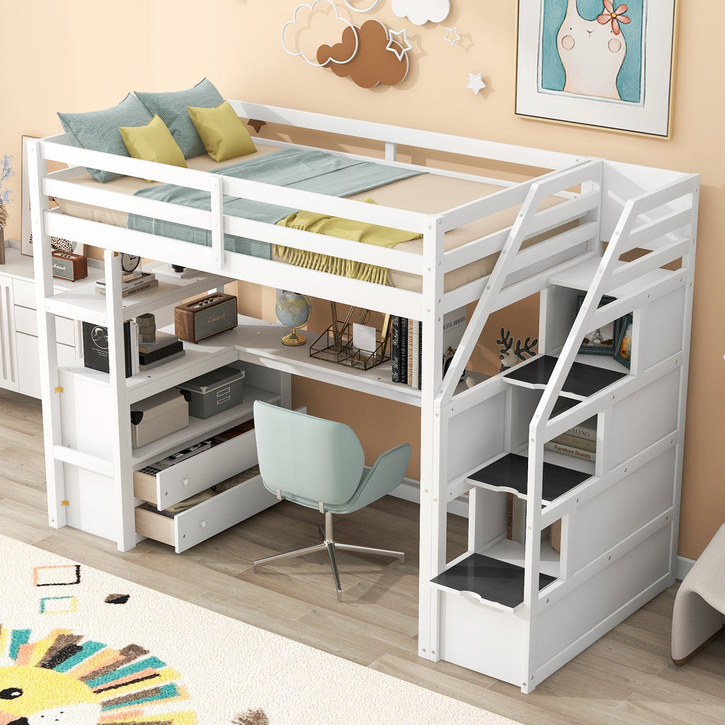 Twin Size Loft Bed with Desk and Shelves  Two Built-in Drawers  Storage Staircase White