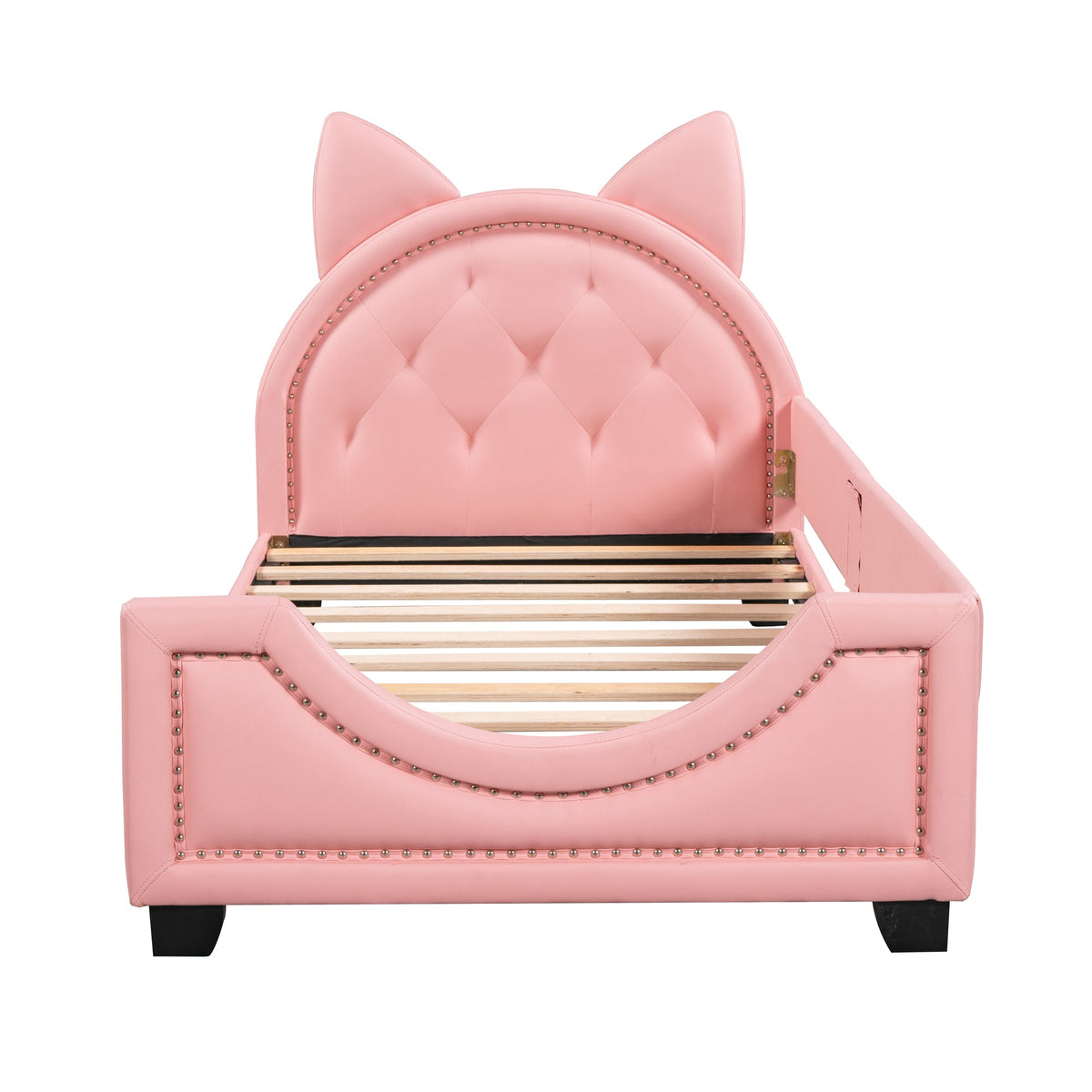 Twin Size Upholstered Daybed with Carton Ears Shaped Headboard  Pink