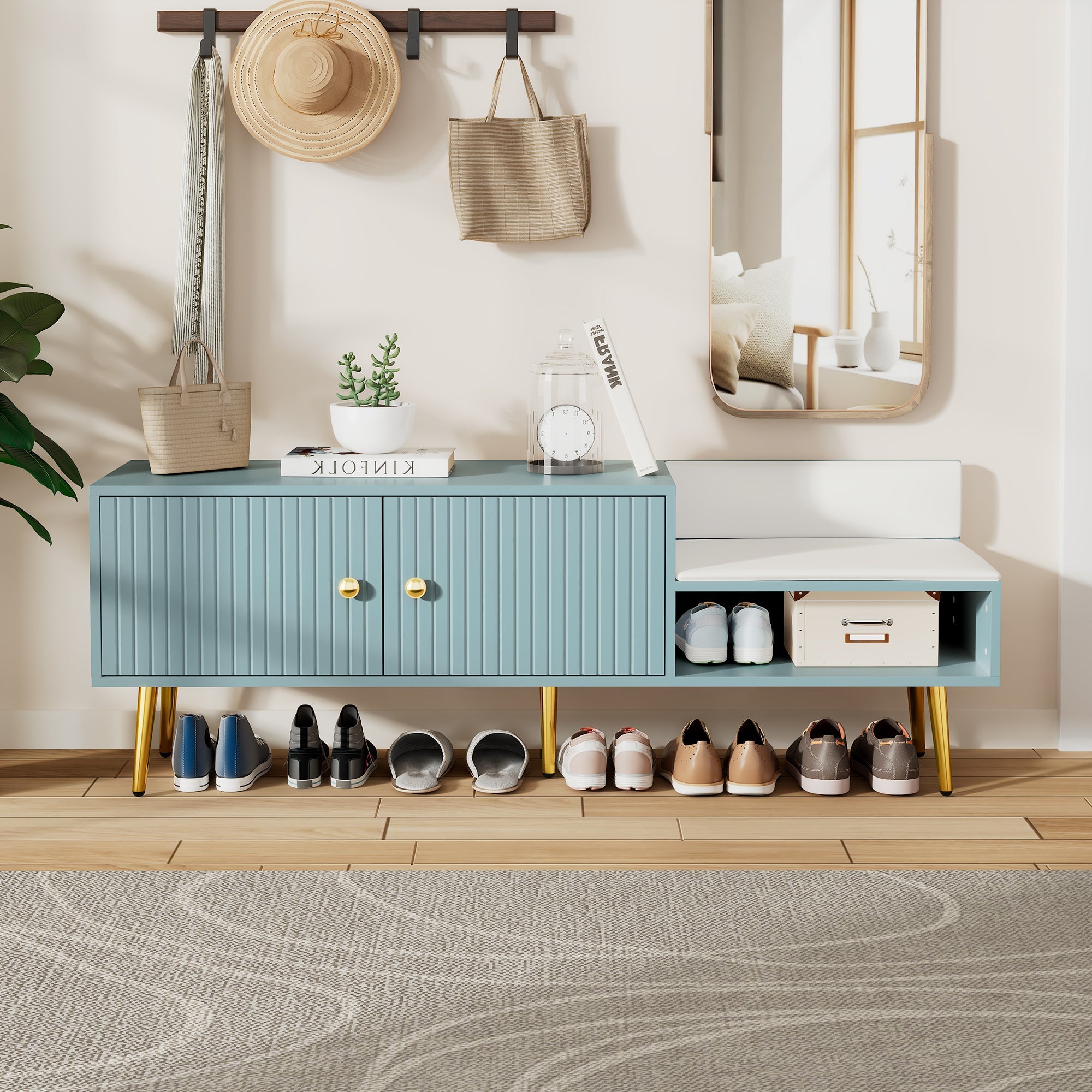 Modern Shoe Storage Bench with Hidden Storage and Upholstered Cushions for Bedside, Living Room and Entryway (Tiffany Blue)
