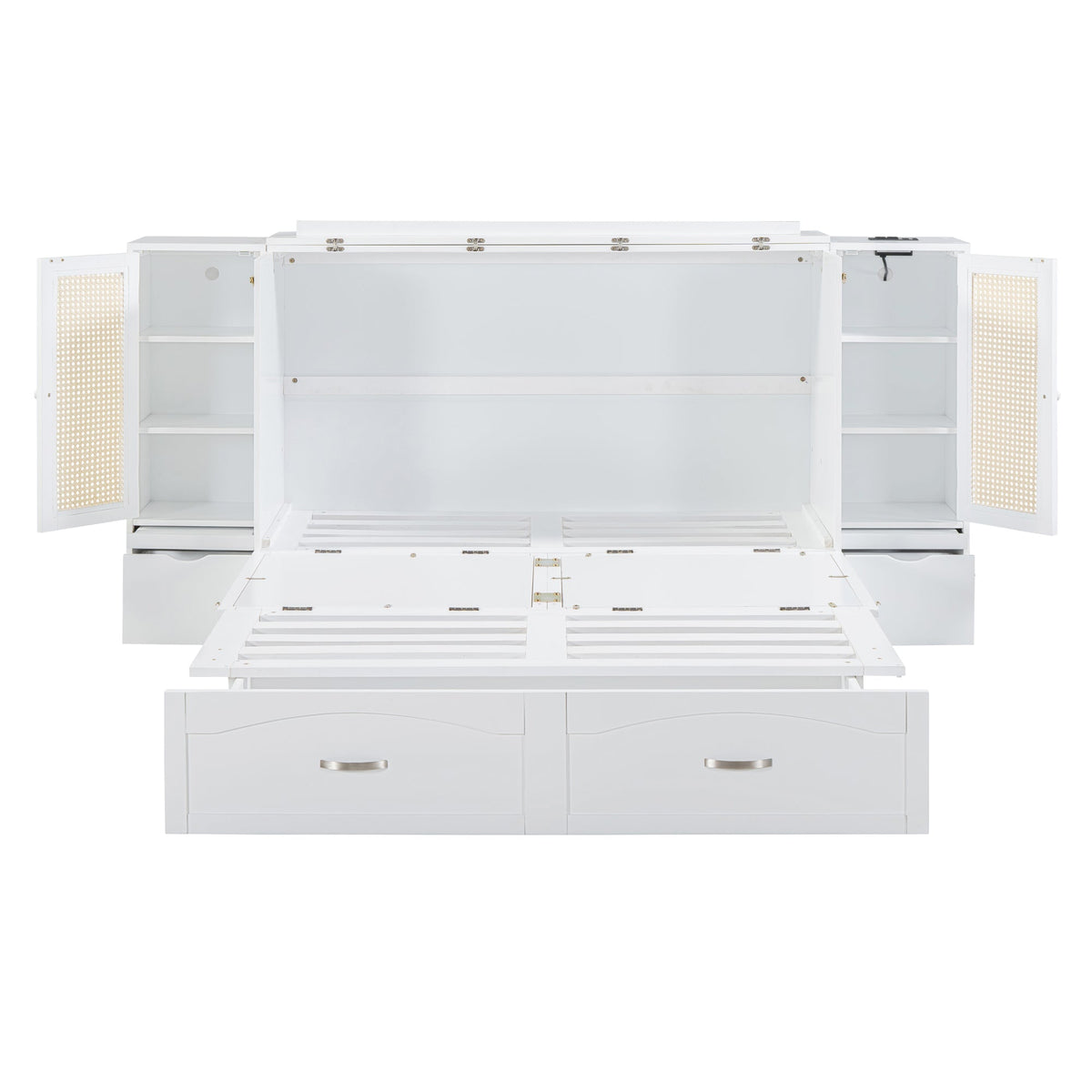 Large Murphy bed wall mounted bed with drawers, 2 storage cabinets, 1 set of sockets and USB ports, white