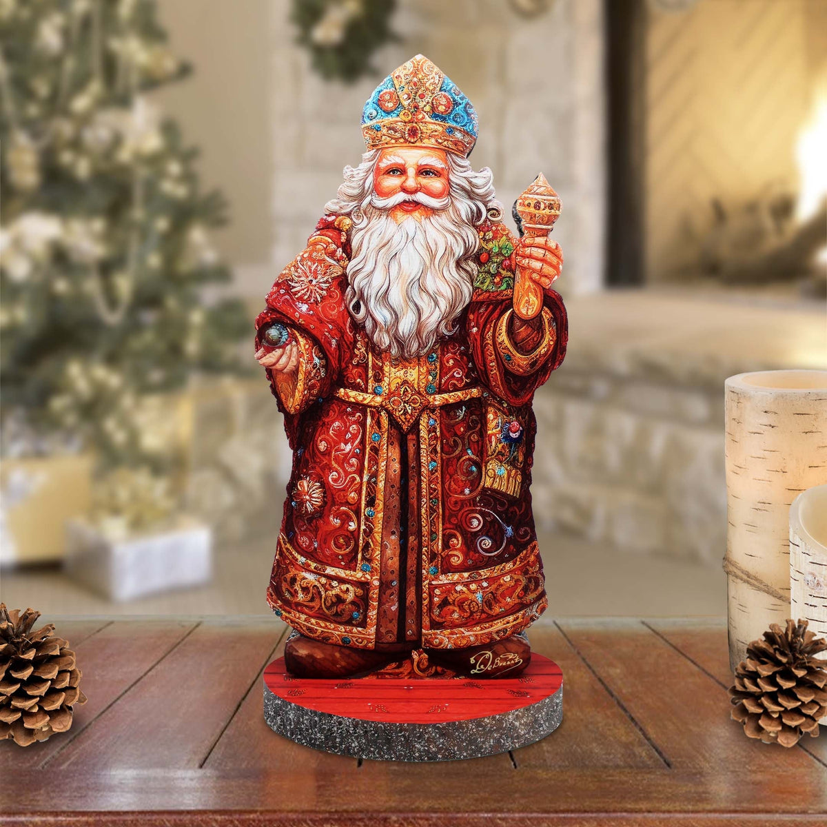 Festive Santa Limited Edition Centerpiece Wooden Figurine by G. Debrekht - Christmas Santa Snowman Decor - 89321