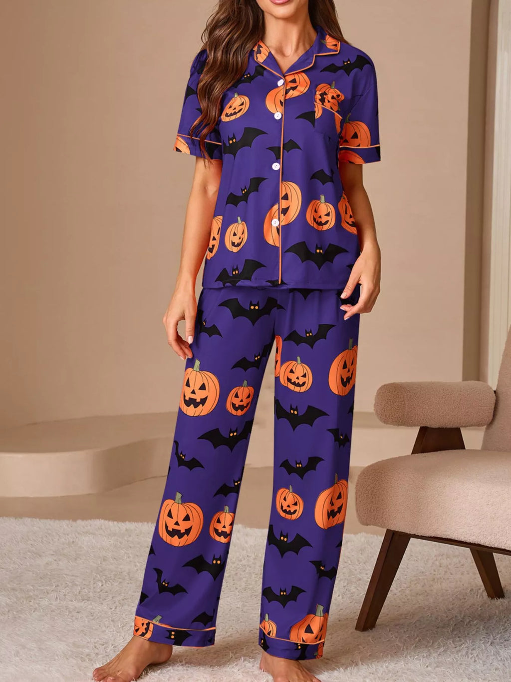 Halloween Pumpkin and Bat Print Button-Down Top and Pants Lounge Set