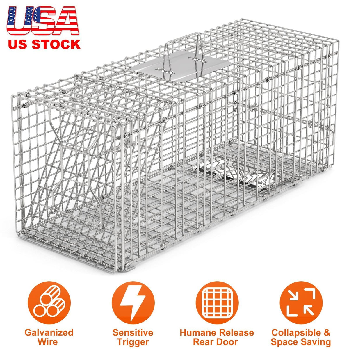 Humane Cat Trap Cage Catch Release Live Animal Rodent Cage Collapsible Galvanized Wire for Raccoons Beavers Groundhogs Foxes Armadillos