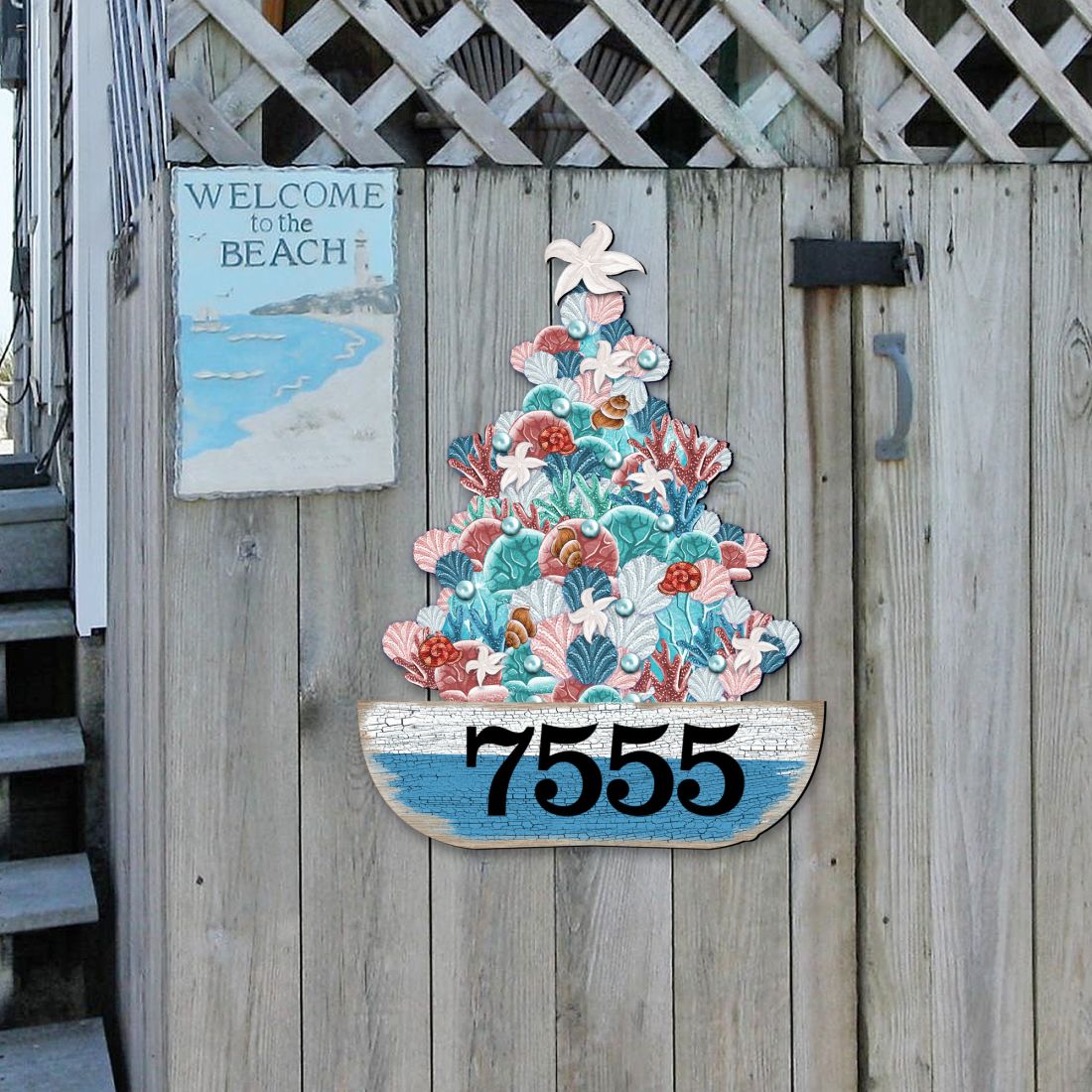 Coastal Tree Boat Personalized House Number Sign by G. Debrekht - Coastal Sea-Life Decor - Handcrafted Wooden Address Sign - MA81931492